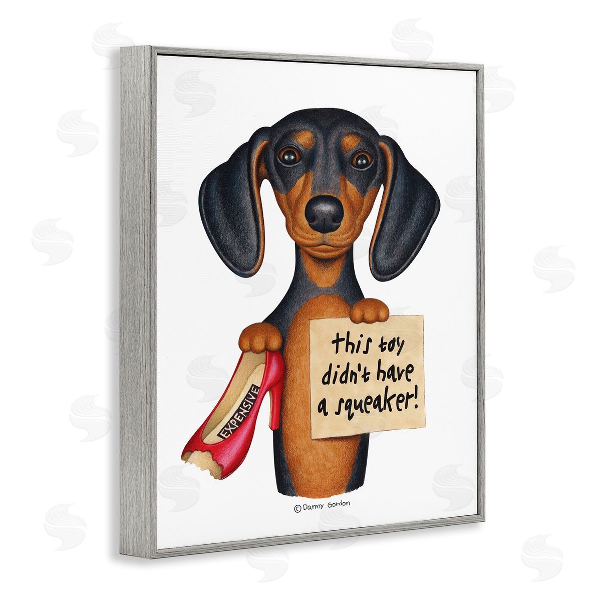 Dachshund Chewed Shoe Joke Grey Frame Print Wall Art, Home Decor by Danny Gordan