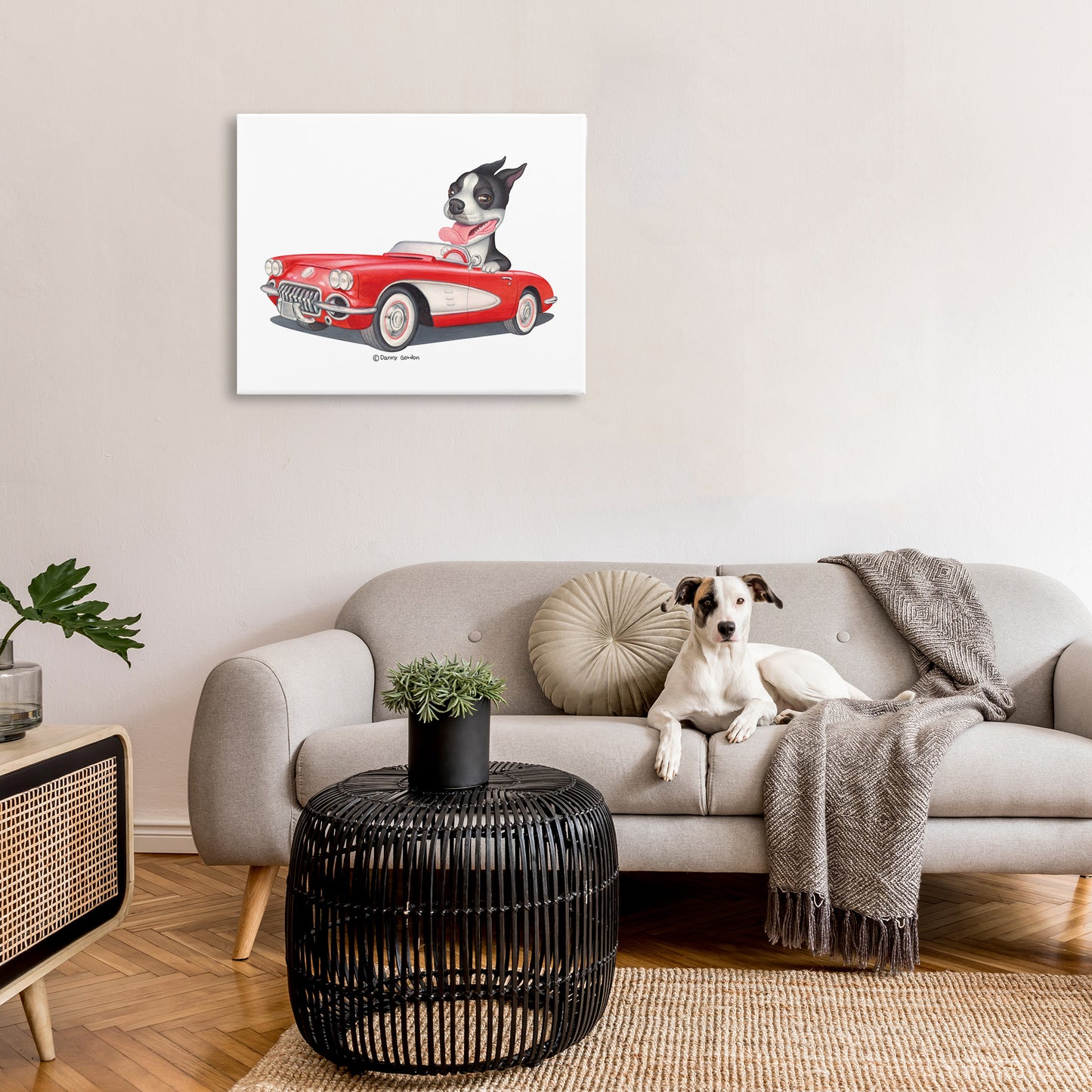 Dog Driving Vintage Convertible Canvas Wall Art in Room, Home Decor by Danny Gordan