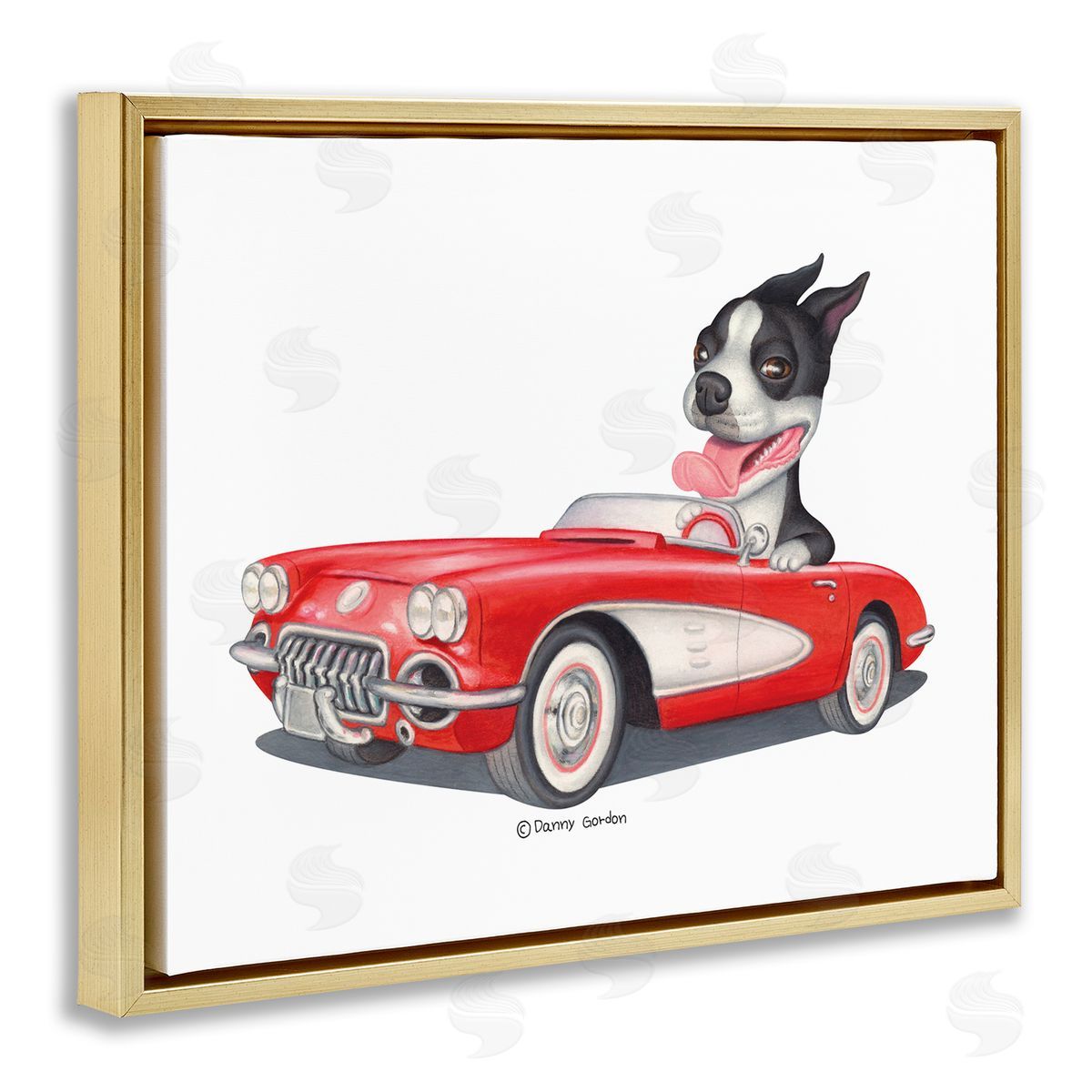 Dog Driving Vintage Convertible Gold Floating Frame Canvas Wall Art, Home Decor by Danny Gordan