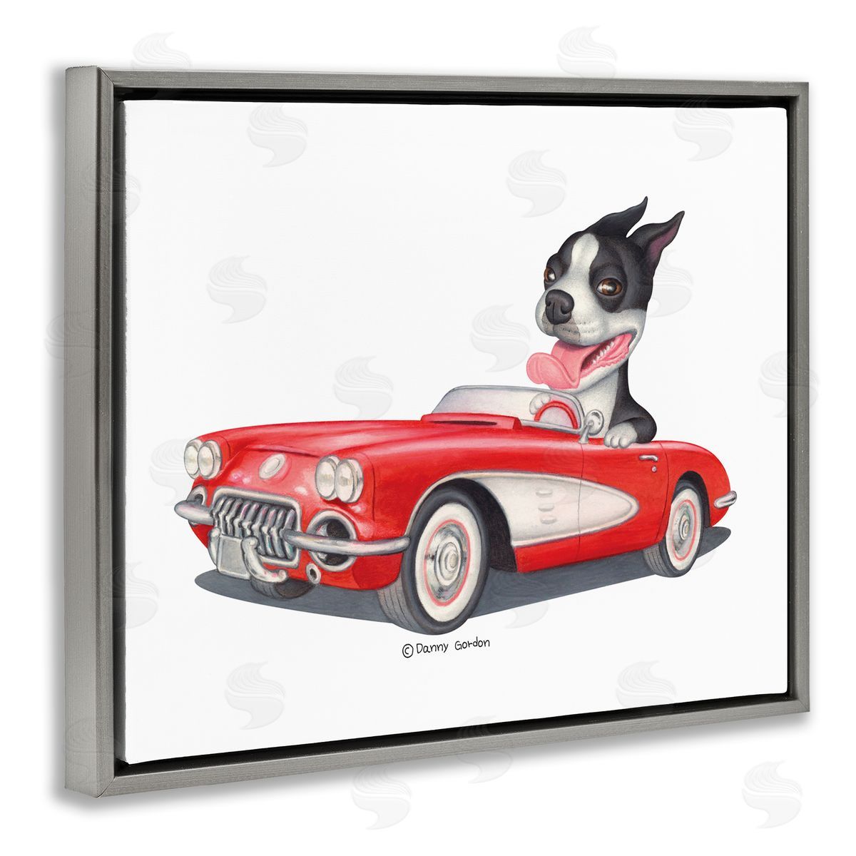 Dog Driving Vintage Convertible Grey Floating Frame Canvas Wall Art, Home Decor by Danny Gordan