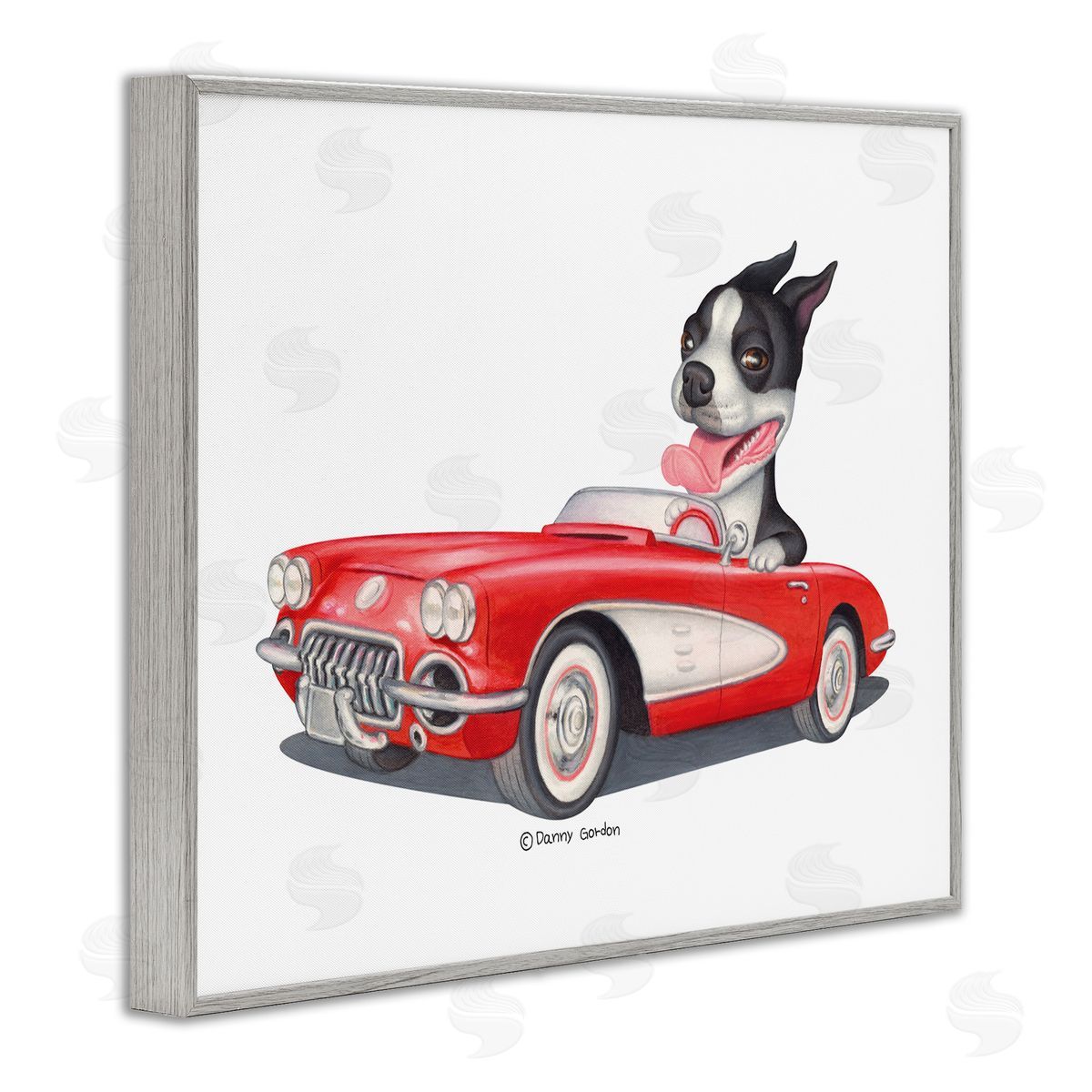 Dog Driving Vintage Convertible Grey Frame Print Wall Art, Home Decor by Danny Gordan