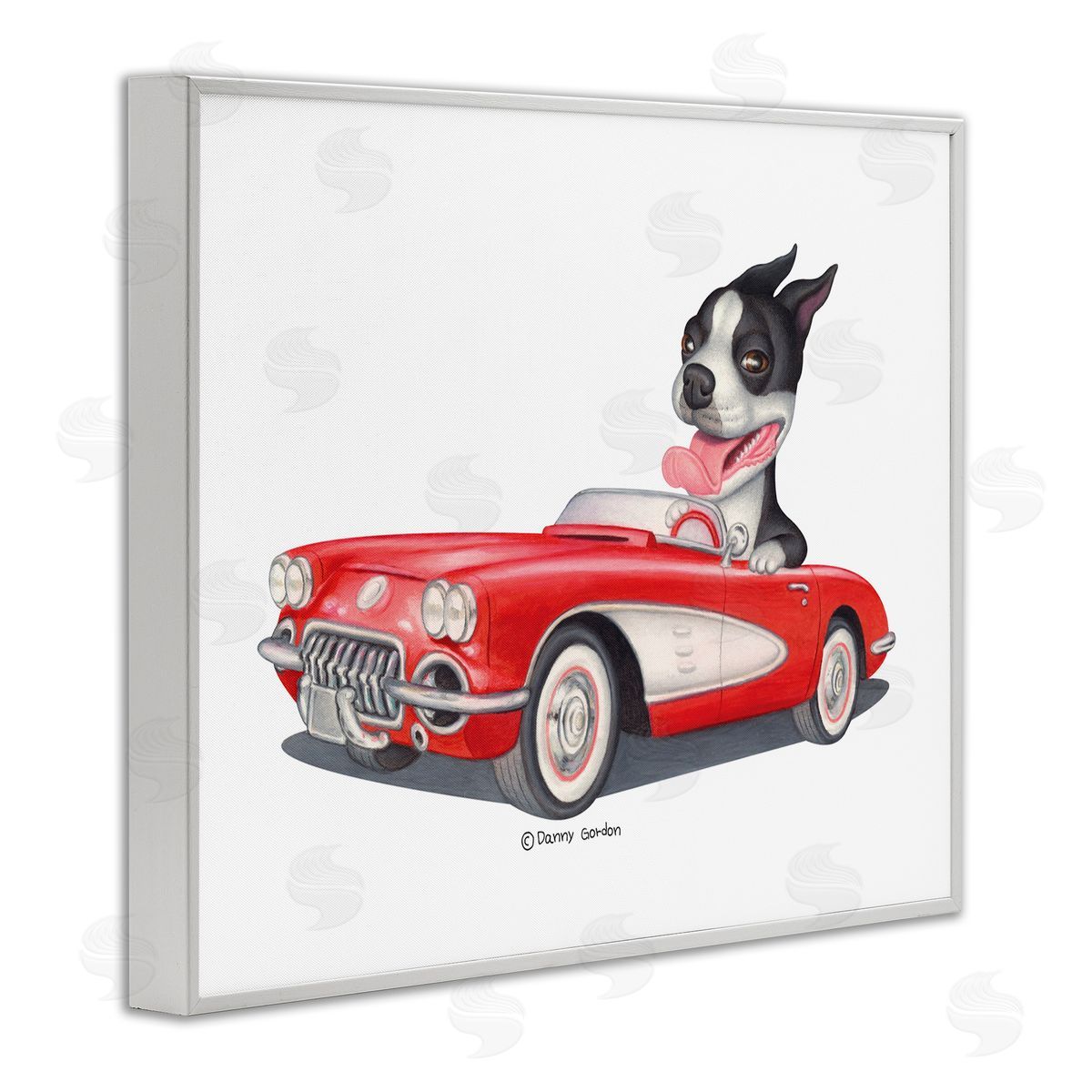 Dog Driving Vintage Convertible White Frame Print Wall Art, Home Decor by Danny Gordan