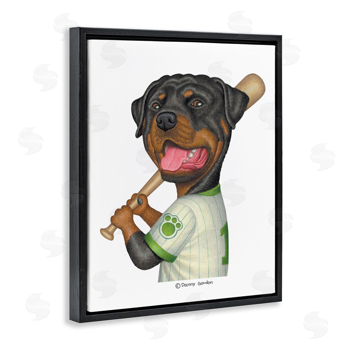 Rottweiler Baseball Dog Black Floating Frame Canvas Wall Art, Home Decor by Danny Gordan
