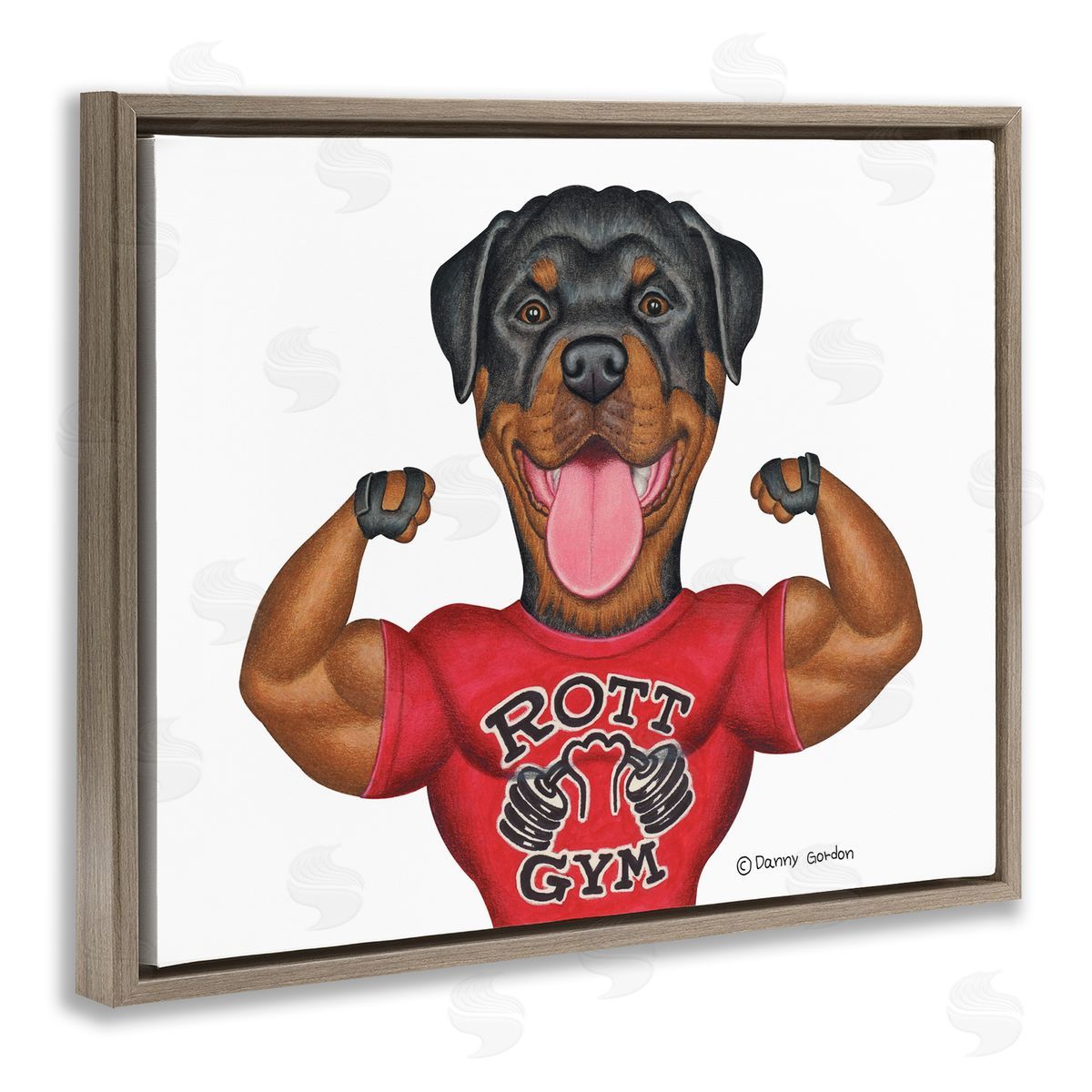 Rott Gym Weightlifting Dog Brown Floating Frame Canvas Wall Art, Home Decor by Danny Gordan