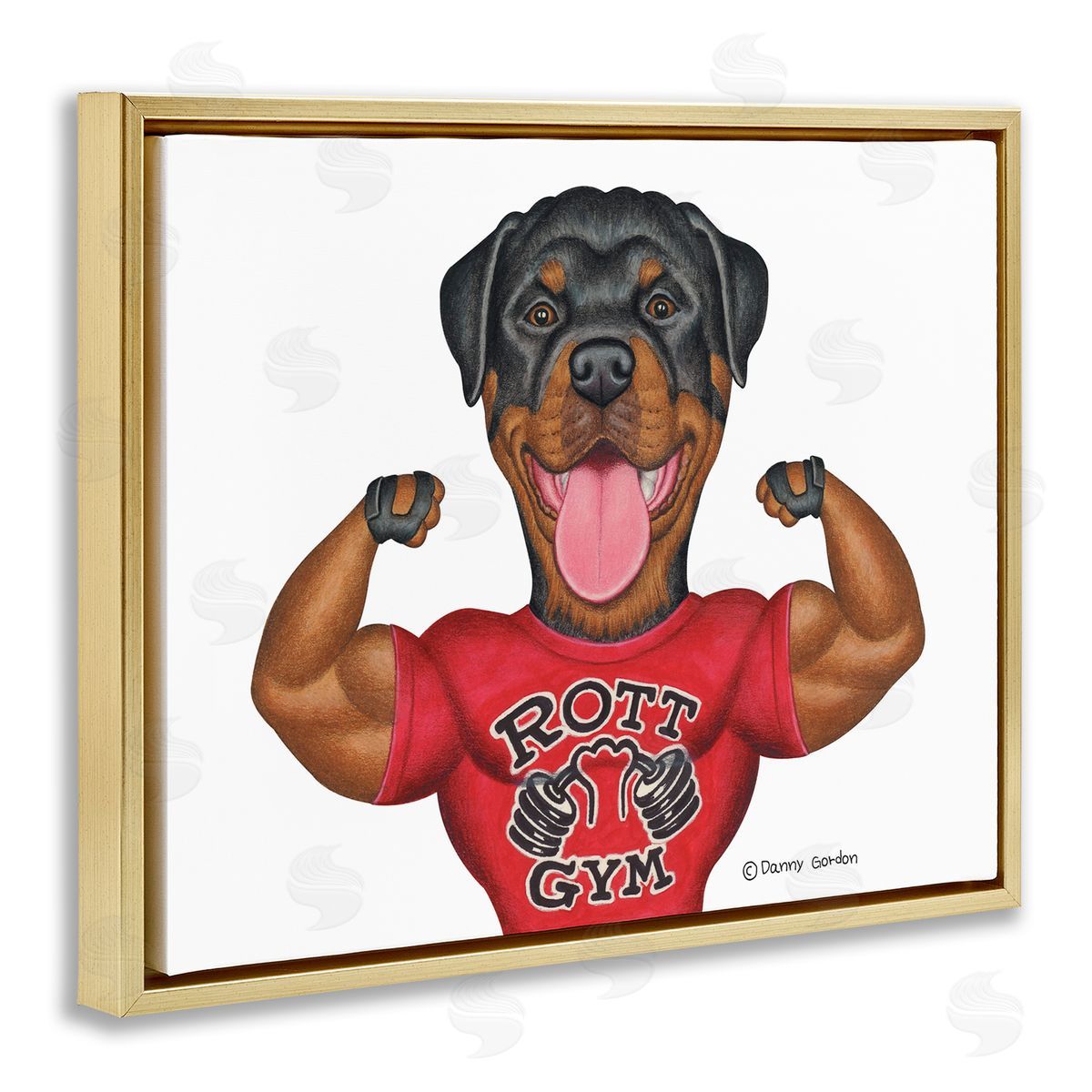 Rott Gym Weightlifting Dog Gold Floating Frame Canvas Wall Art, Home Decor by Danny Gordan