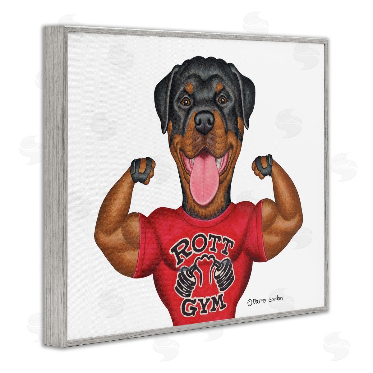 Rott Gym Weightlifting Dog Grey Frame Print Wall Art, Home Decor by Danny Gordan