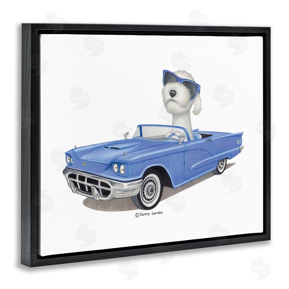 Dog in Classic Blue Car Black Floating Frame Canvas Wall Art, Home Decor by Danny Gordan