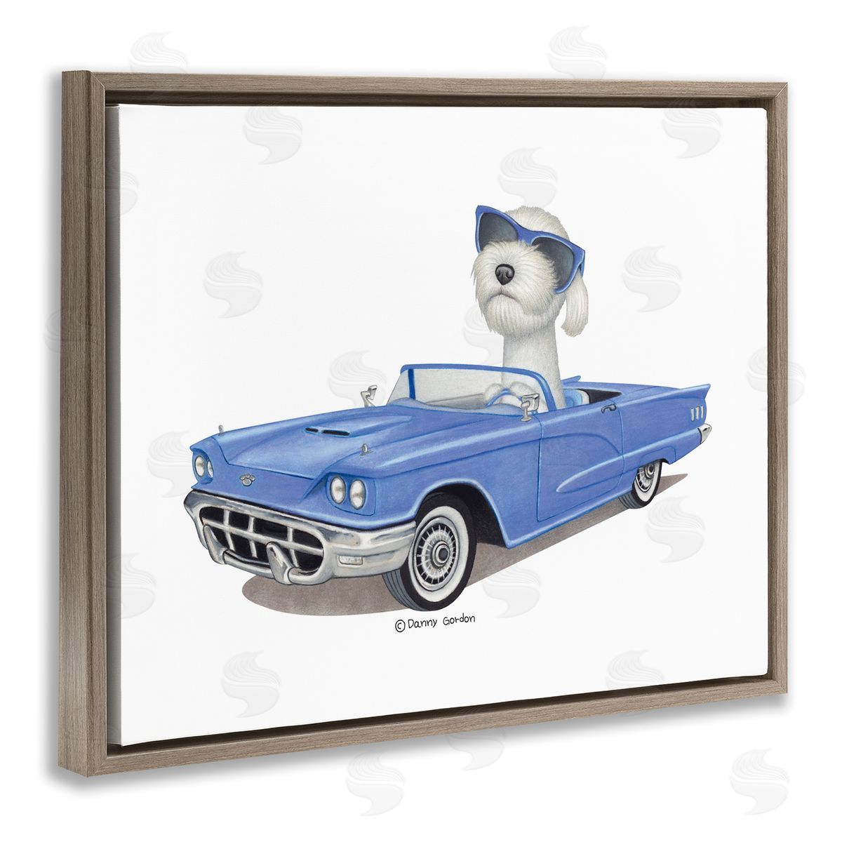 Dog in Classic Blue Car Brown Floating Frame Canvas Wall Art, Home Decor by Danny Gordan