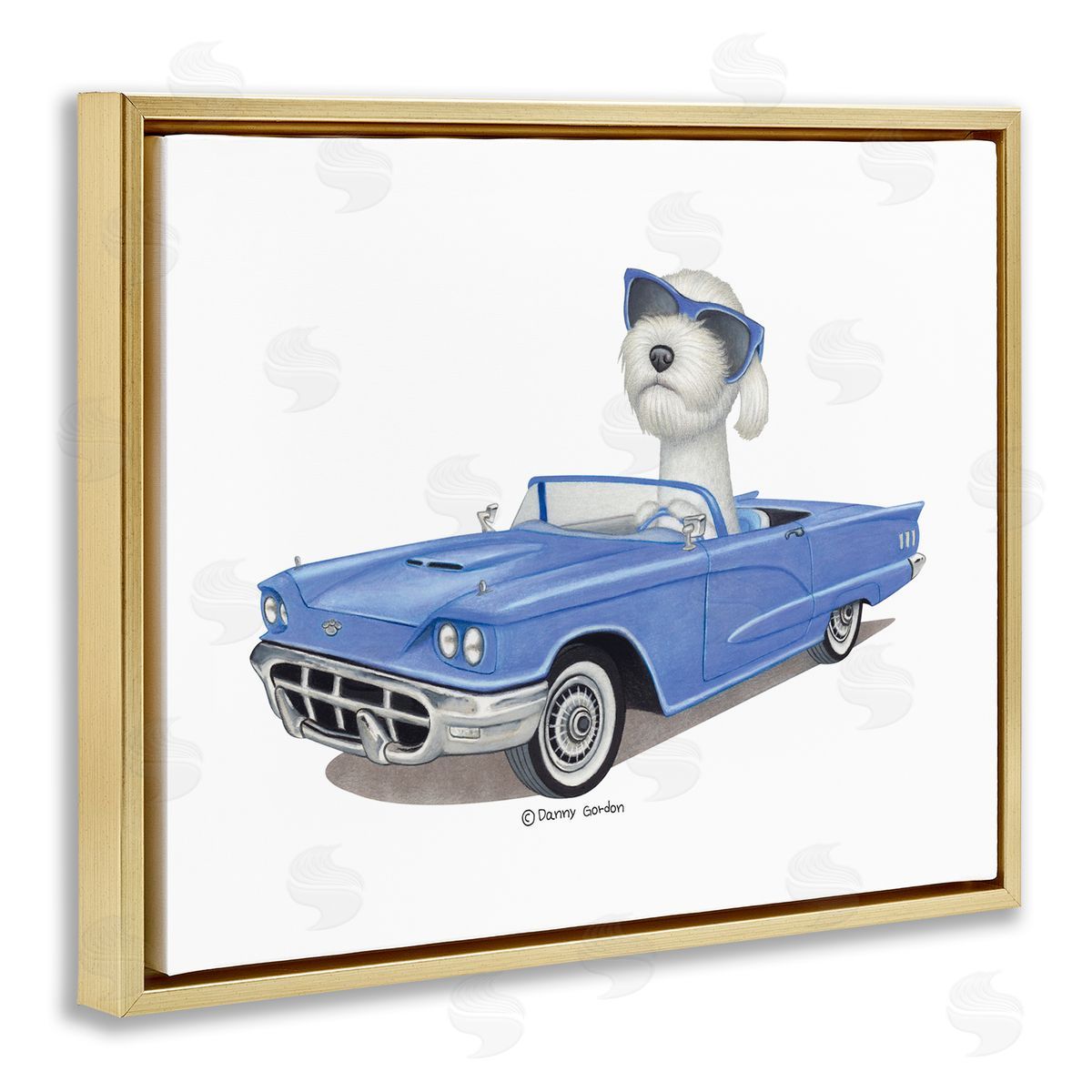 Dog in Classic Blue Car Gold Floating Frame Canvas Wall Art, Home Decor by Danny Gordan