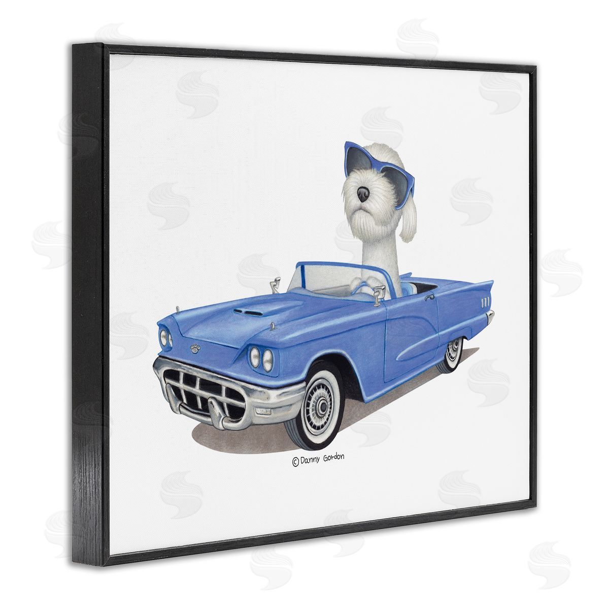 Dog in Classic Blue Car Black Frame Print Wall Art, Home Decor by Danny Gordan