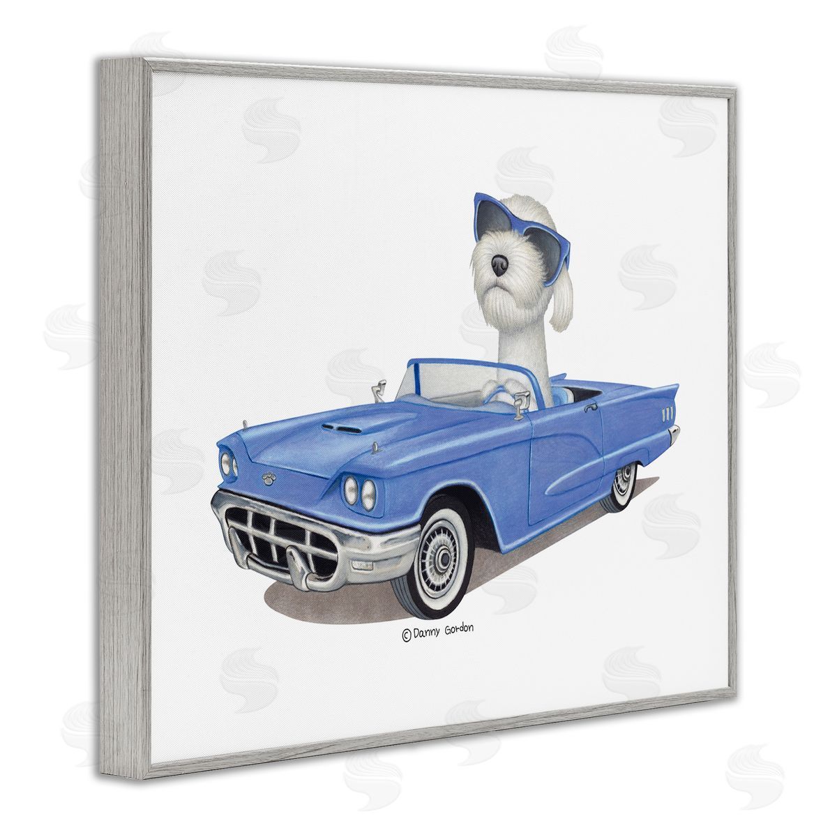 Dog in Classic Blue Car Grey Frame Print Wall Art, Home Decor by Danny Gordan