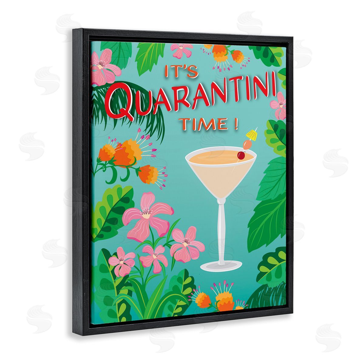 Tropical It's Quarantini Time Black Floating Frame Canvas Wall Art, Home Decor by Darlene Seale