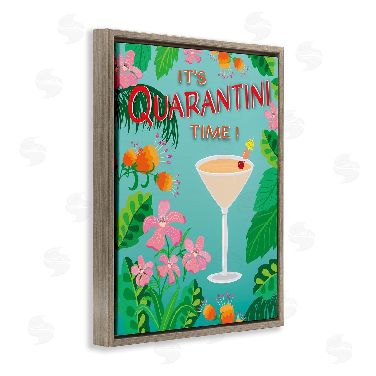 Tropical It's Quarantini Time Brown Floating Frame Canvas Wall Art, Home Decor by Darlene Seale
