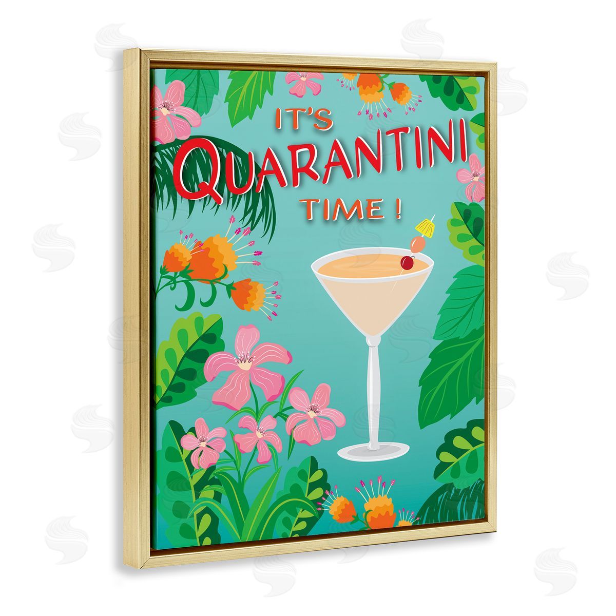 Tropical It's Quarantini Time Gold Floating Frame Canvas Wall Art, Home Decor by Darlene Seale