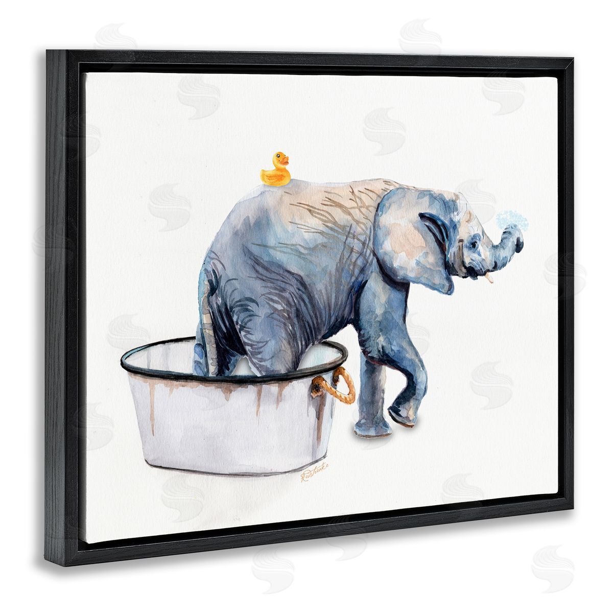 Elephant & Rubber Duck Bath Black Floating Frame Canvas Wall Art, Home Decor by Jennifer Redstreake