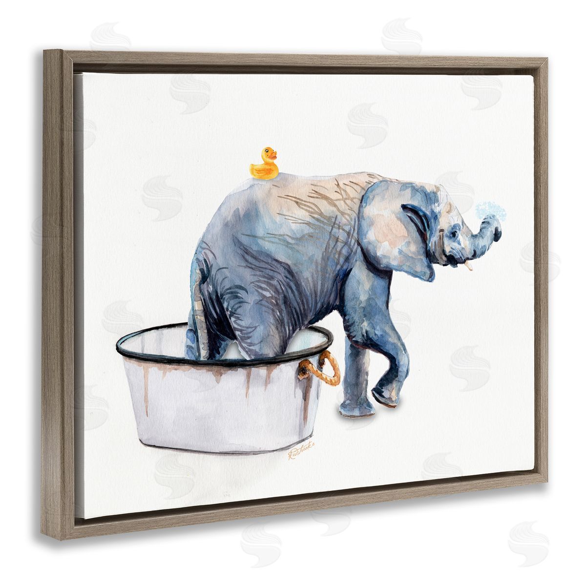Elephant & Rubber Duck Bath Brown Floating Frame Canvas Wall Art, Home Decor by Jennifer Redstreake
