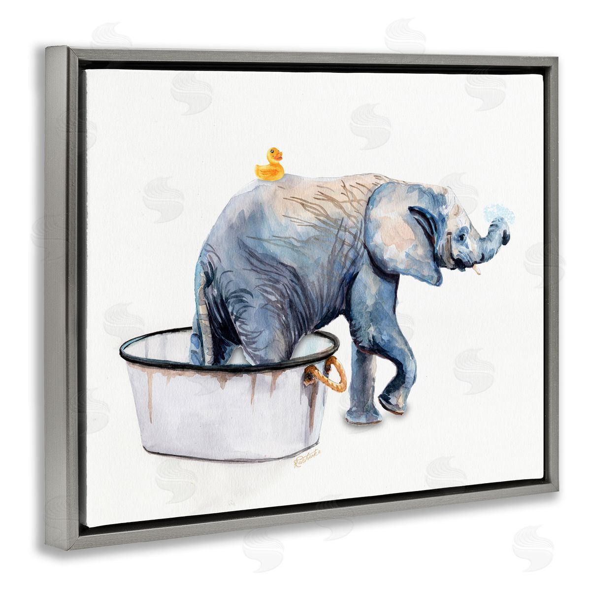 Elephant & Rubber Duck Bath Grey Floating Frame Canvas Wall Art, Home Decor by Jennifer Redstreake