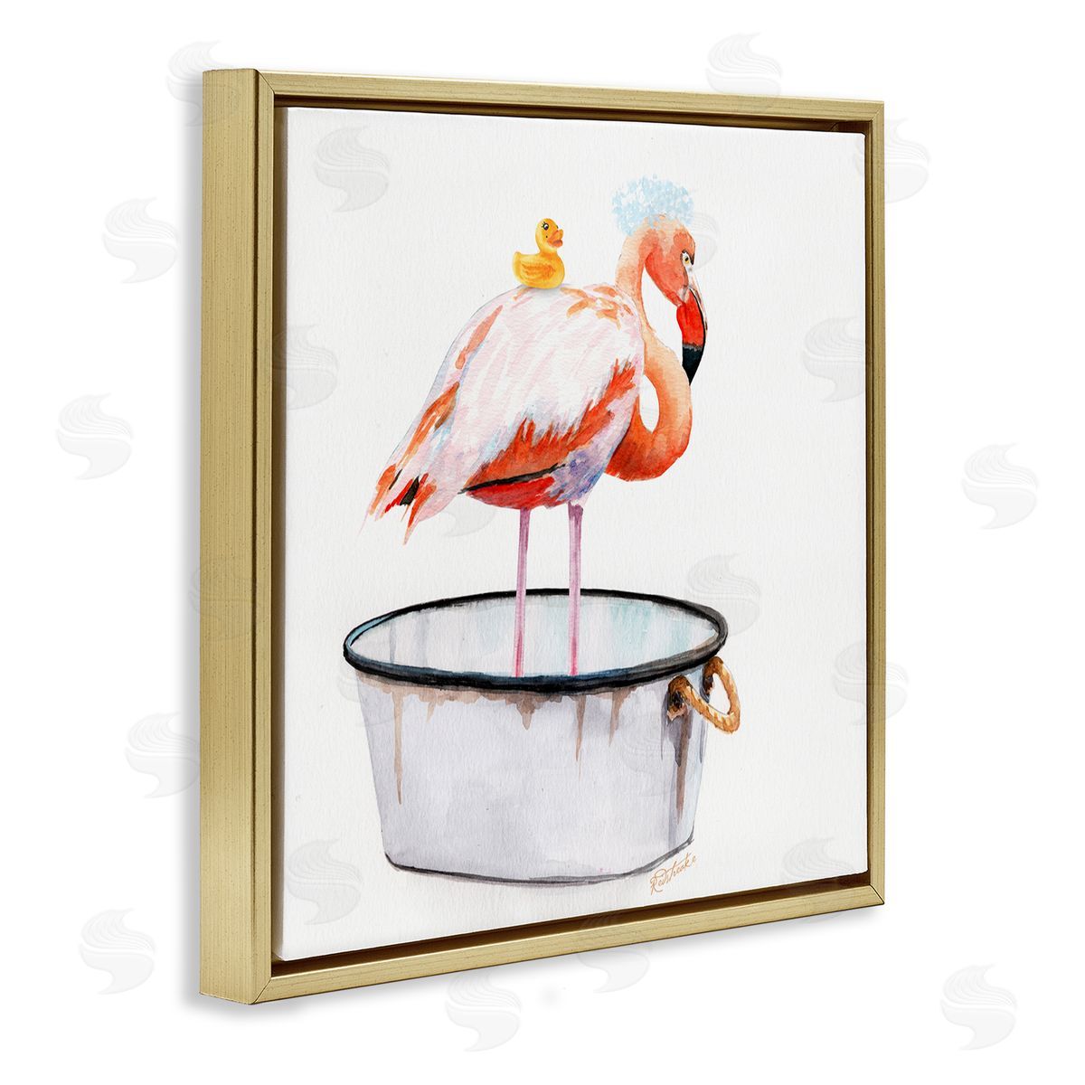 Flamingo with Bubbles in Tub Gold Floating Frame Canvas Wall Art, Home Decor by Jennifer Redstreake