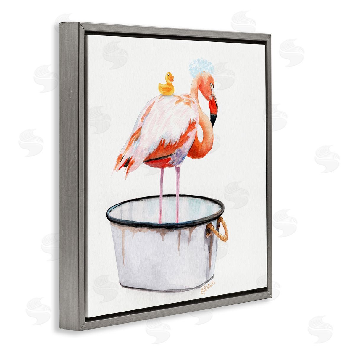 Flamingo with Bubbles in Tub Grey Floating Frame Canvas Wall Art, Home Decor by Jennifer Redstreake