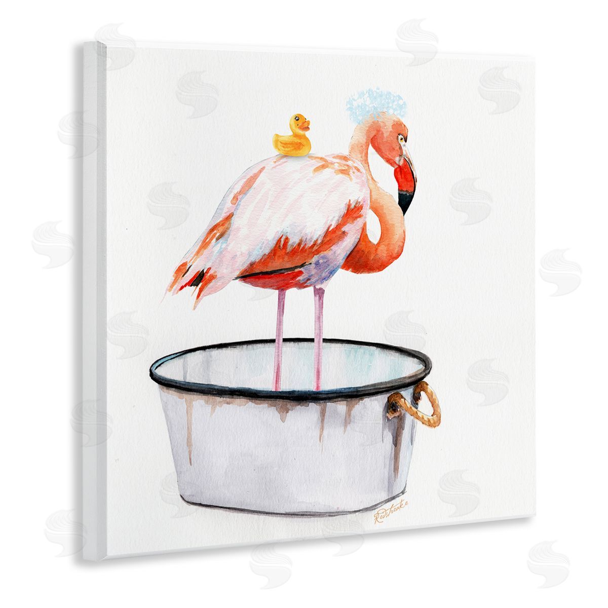 Flamingo with Bubbles in Tub Wood Plaque Wall Art, Home Decor by Jennifer Redstreake