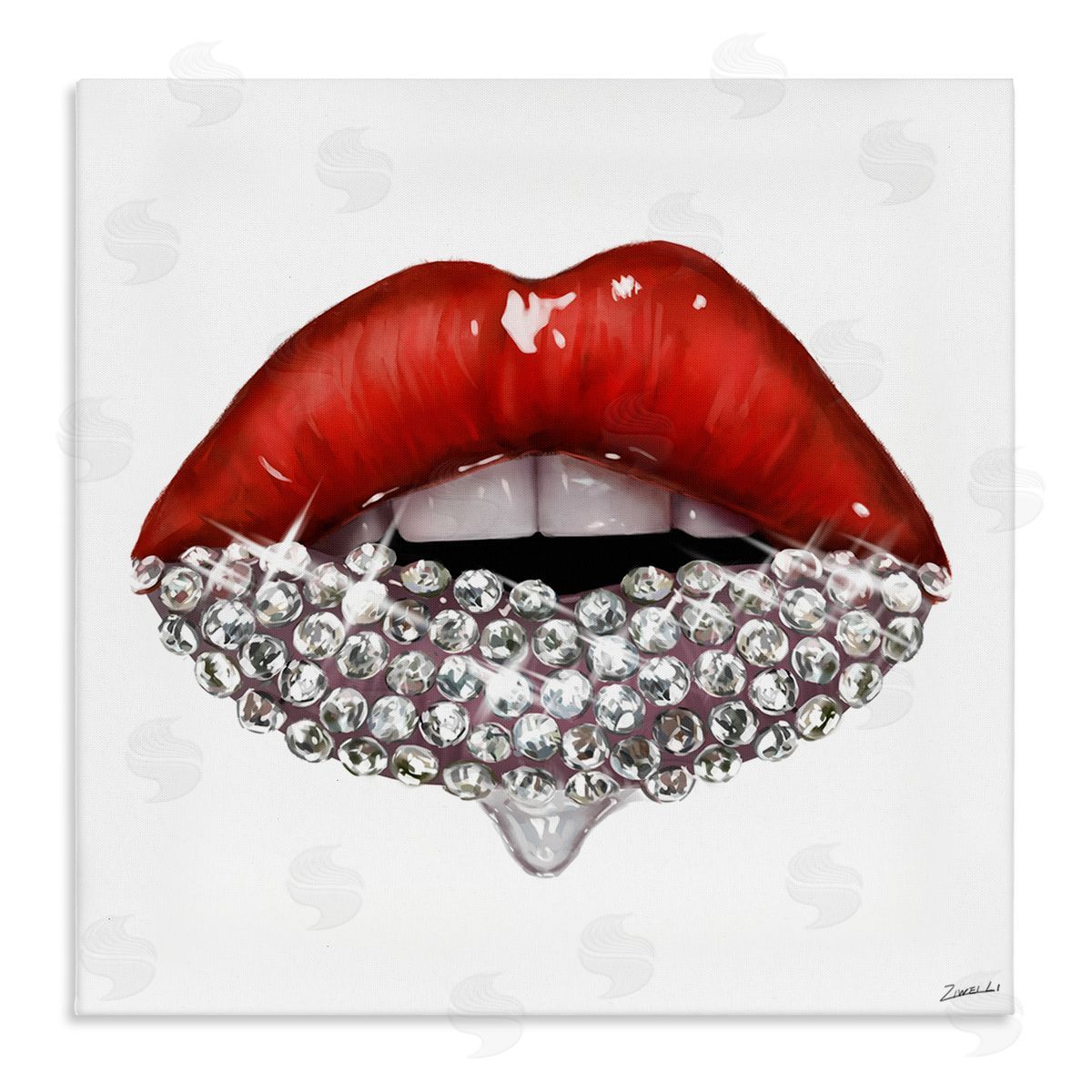 Red Glam Lips with Gemstones Canvas Wall Art, Home Decor by Ziwei Li