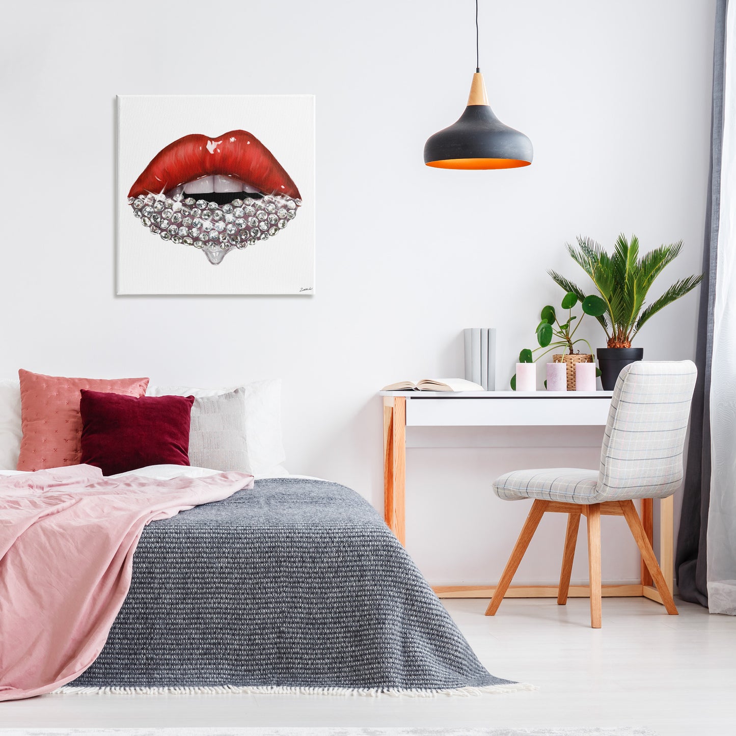 Red Glam Lips with Gemstones Canvas Wall Art in Room, Home Decor by Ziwei Li