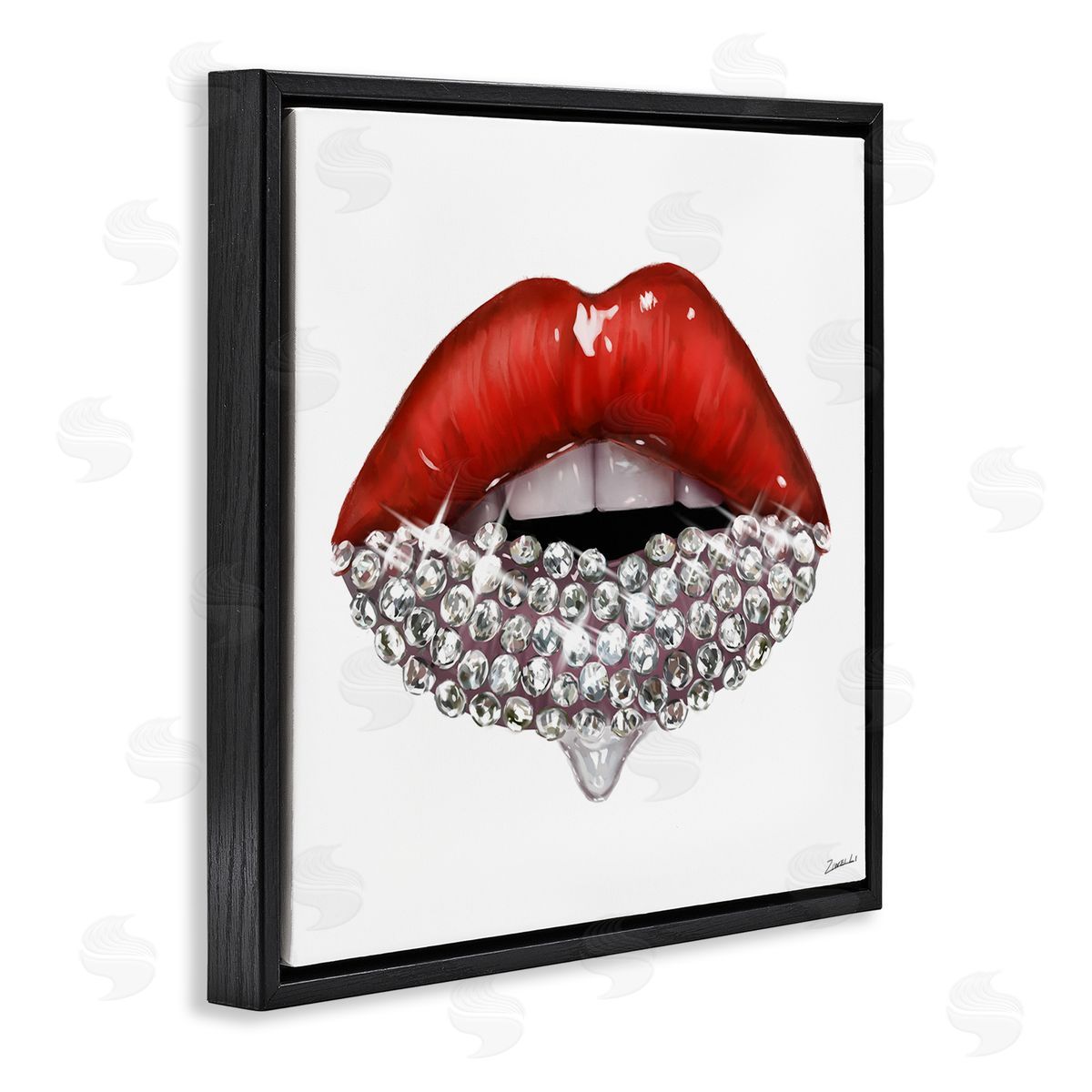 Red Glam Lips with Gemstones Black Floating Frame Canvas Wall Art, Home Decor by Ziwei Li