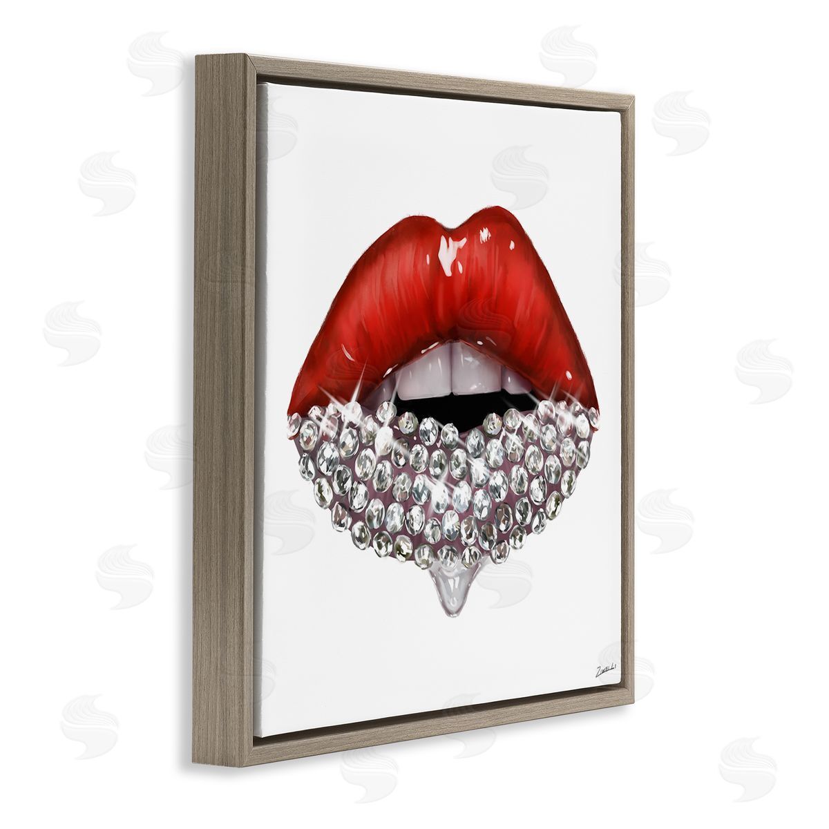 Red Glam Lips with Gemstones Brown Floating Frame Canvas Wall Art, Home Decor by Ziwei Li
