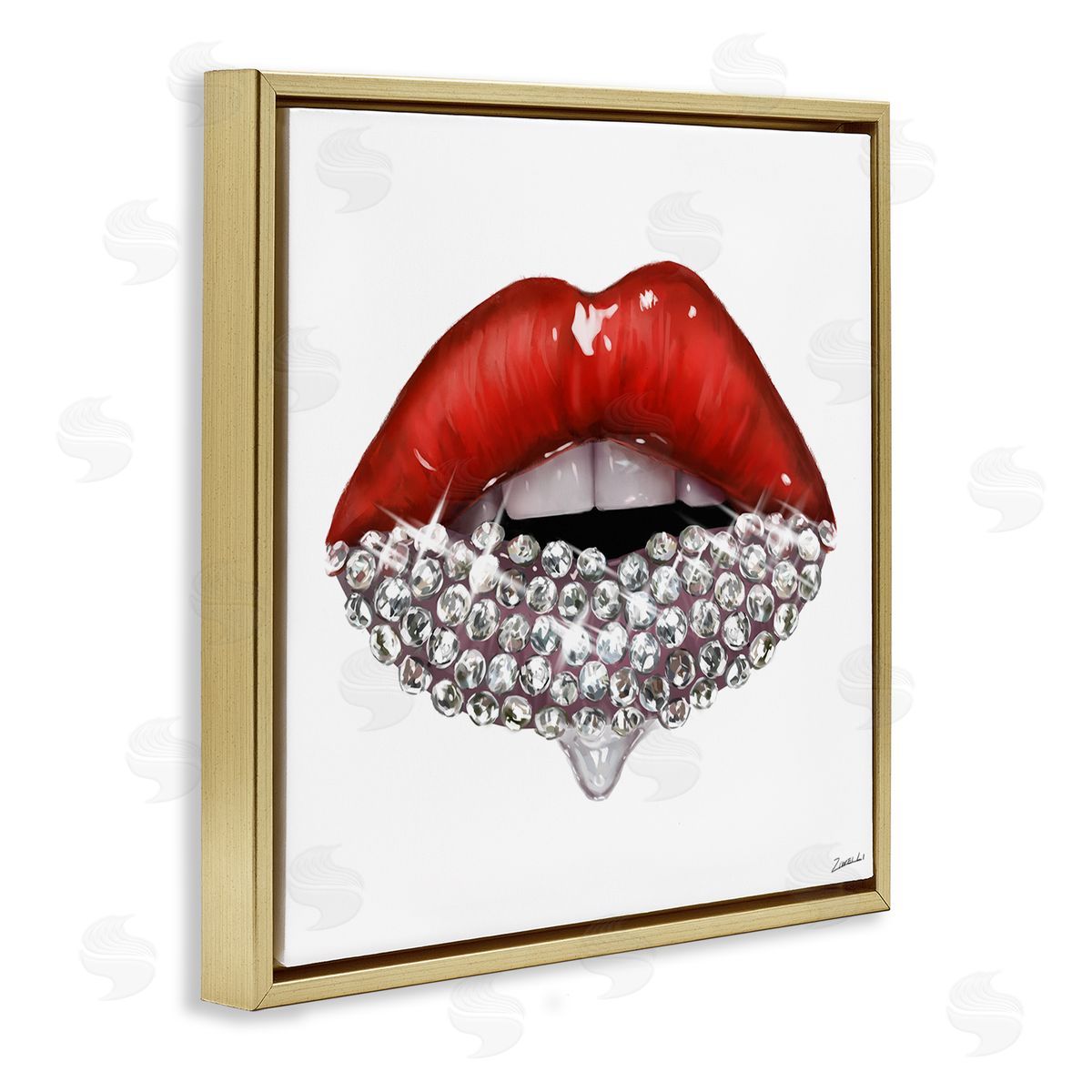 Red Glam Lips with Gemstones Gold Floating Frame Canvas Wall Art, Home Decor by Ziwei Li