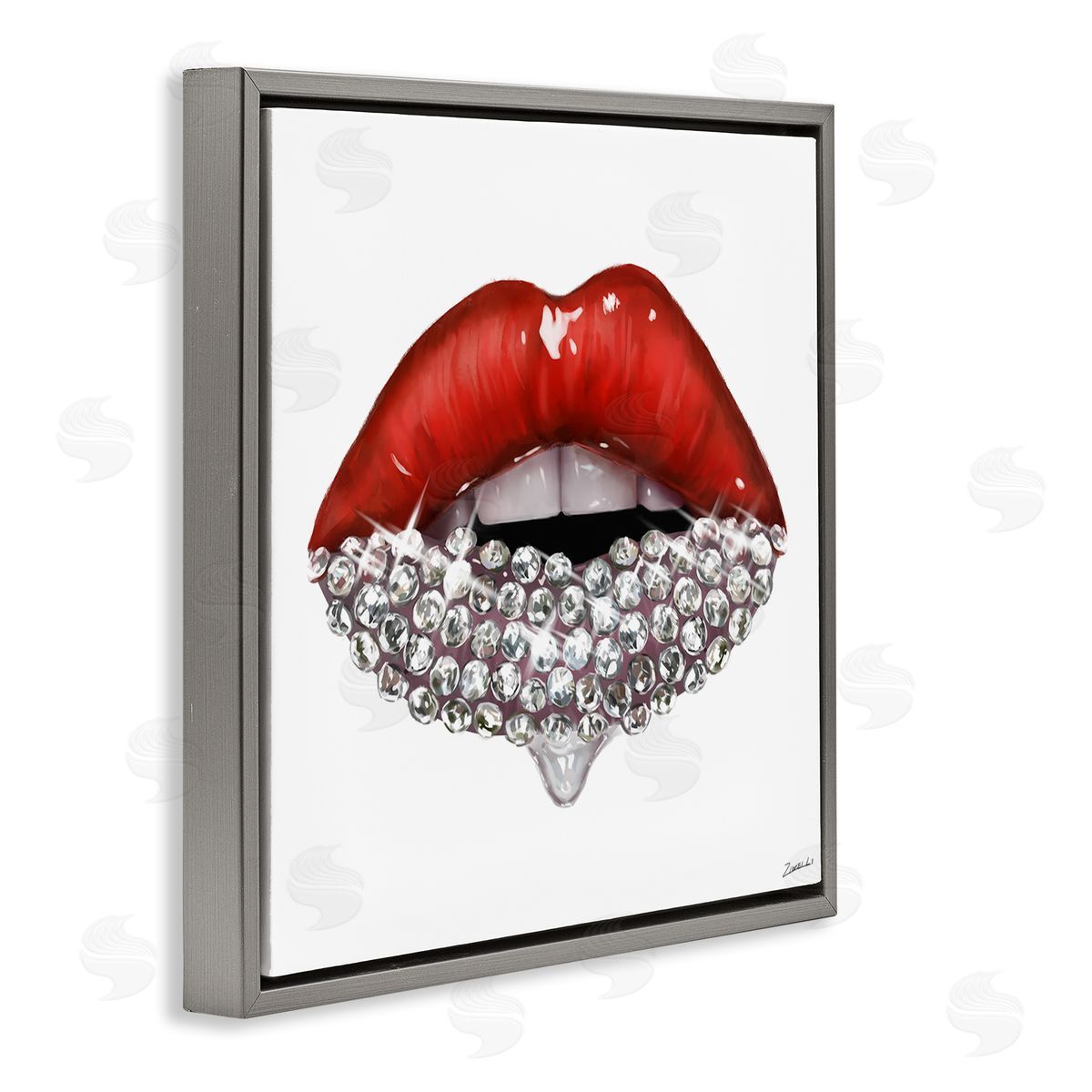 Red Glam Lips with Gemstones Grey Floating Frame Canvas Wall Art, Home Decor by Ziwei Li