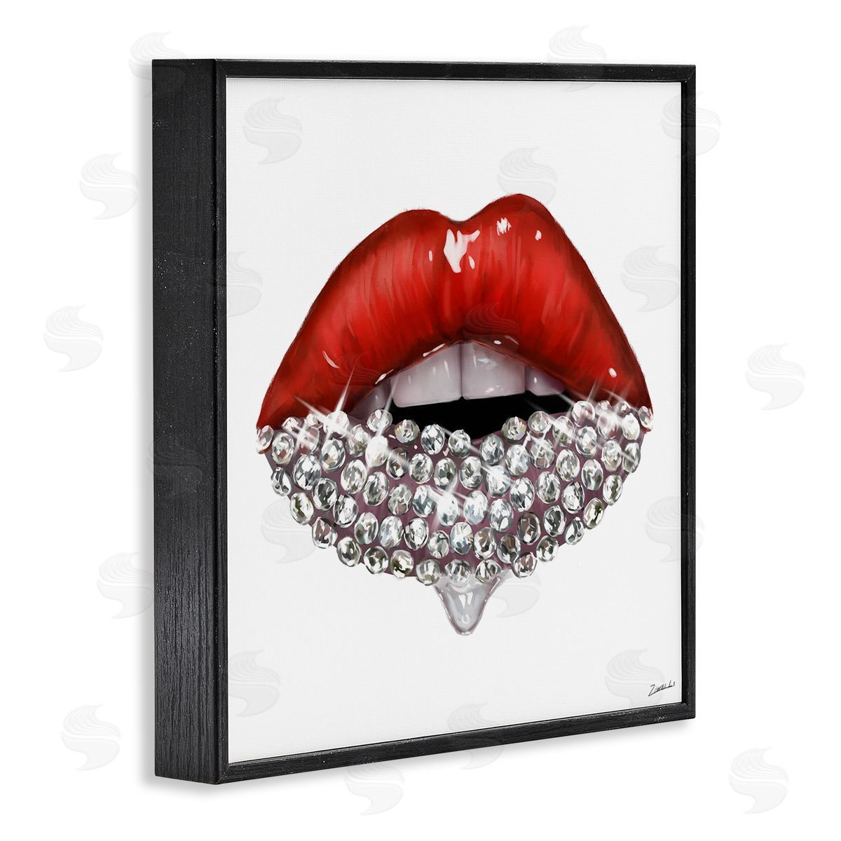 Red Glam Lips with Gemstones Black Frame Print Wall Art, Home Decor by Ziwei Li