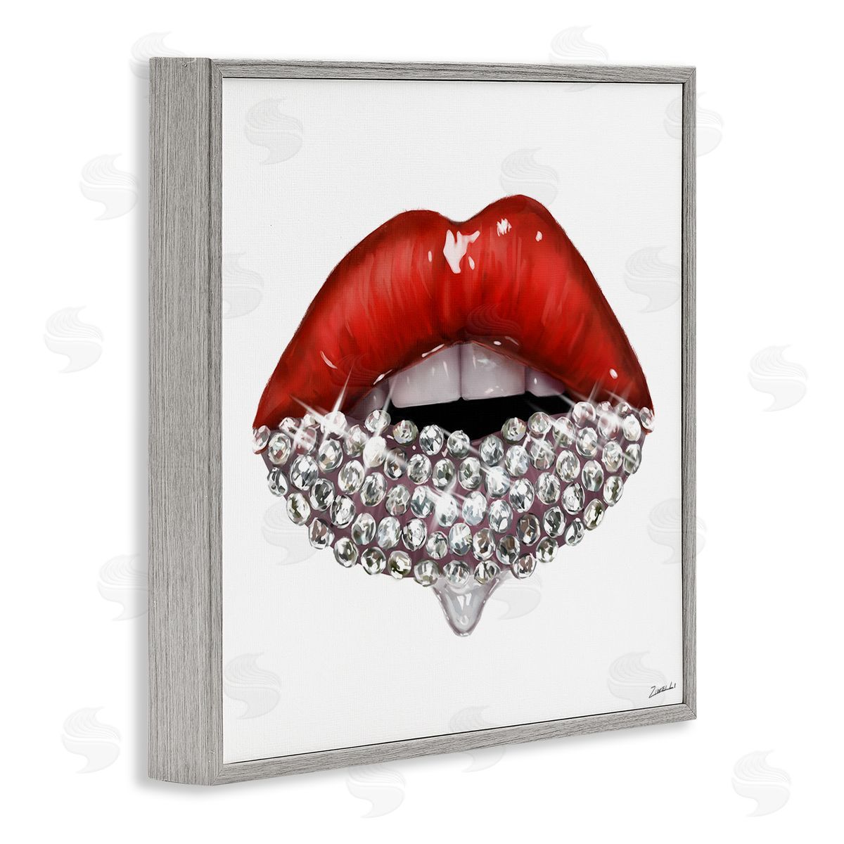 Red Glam Lips with Gemstones Grey Frame Print Wall Art, Home Decor by Ziwei Li