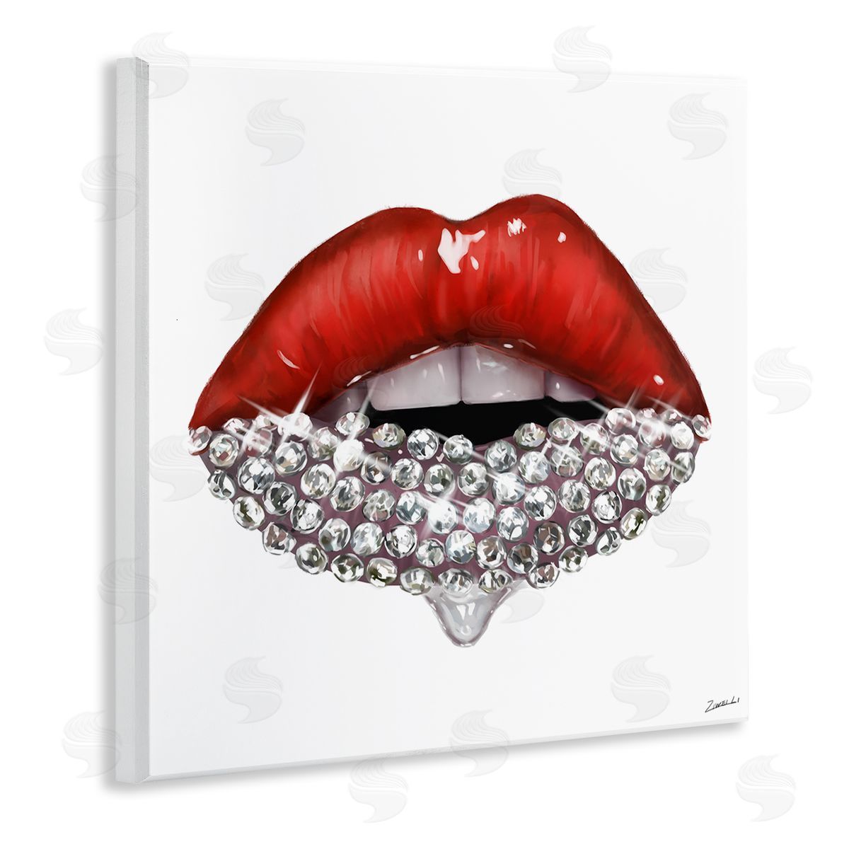Red Glam Lips with Gemstones Wood Plaque Wall Art, Home Decor by Ziwei Li