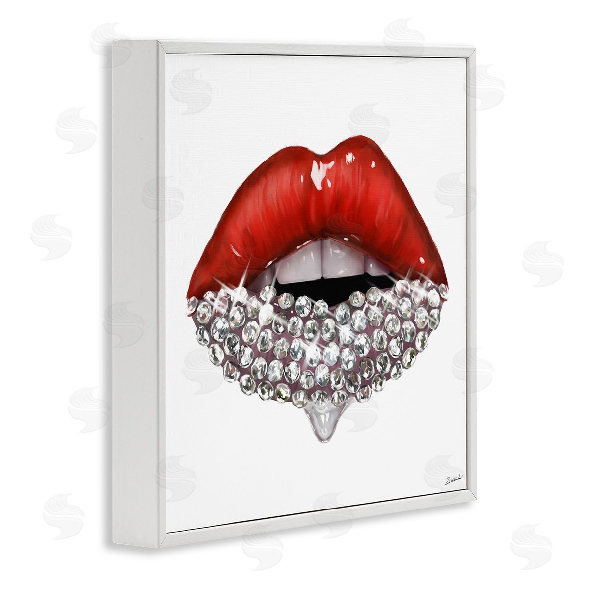 Red Glam Lips with Gemstones White Frame Print Wall Art, Home Decor by Ziwei Li