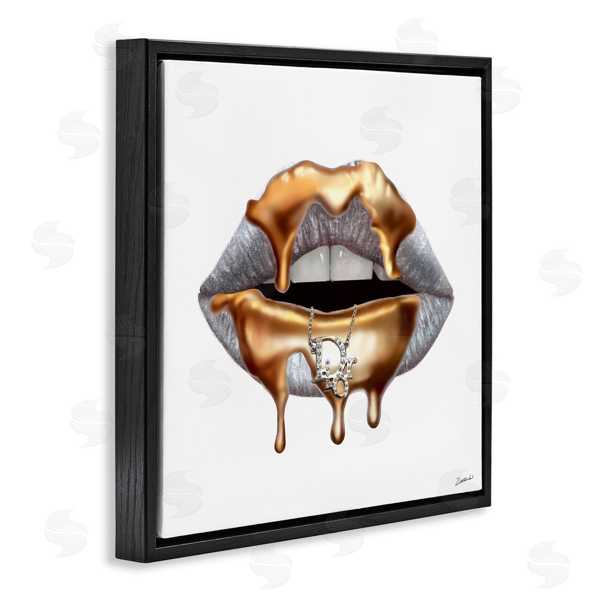 Fashion Grey Lip with Gold Drip Black Floating Frame Canvas Wall Art, Home Decor by Ziwei Li