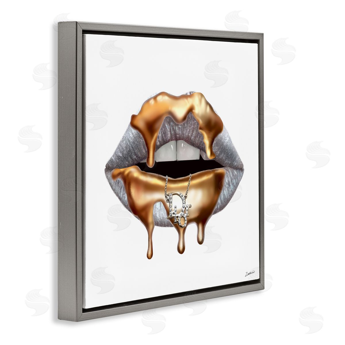 Fashion Grey Lip with Gold Drip Grey Floating Frame Canvas Wall Art, Home Decor by Ziwei Li