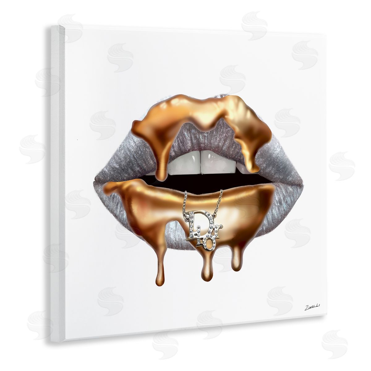 Fashion Grey Lip with Gold Drip Wood Plaque Wall Art, Home Decor by Ziwei Li