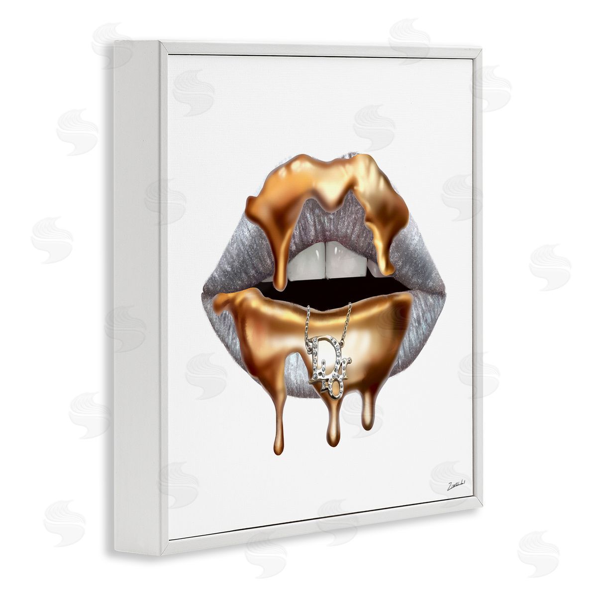Fashion Grey Lip with Gold Drip White Frame Print Wall Art, Home Decor by Ziwei Li
