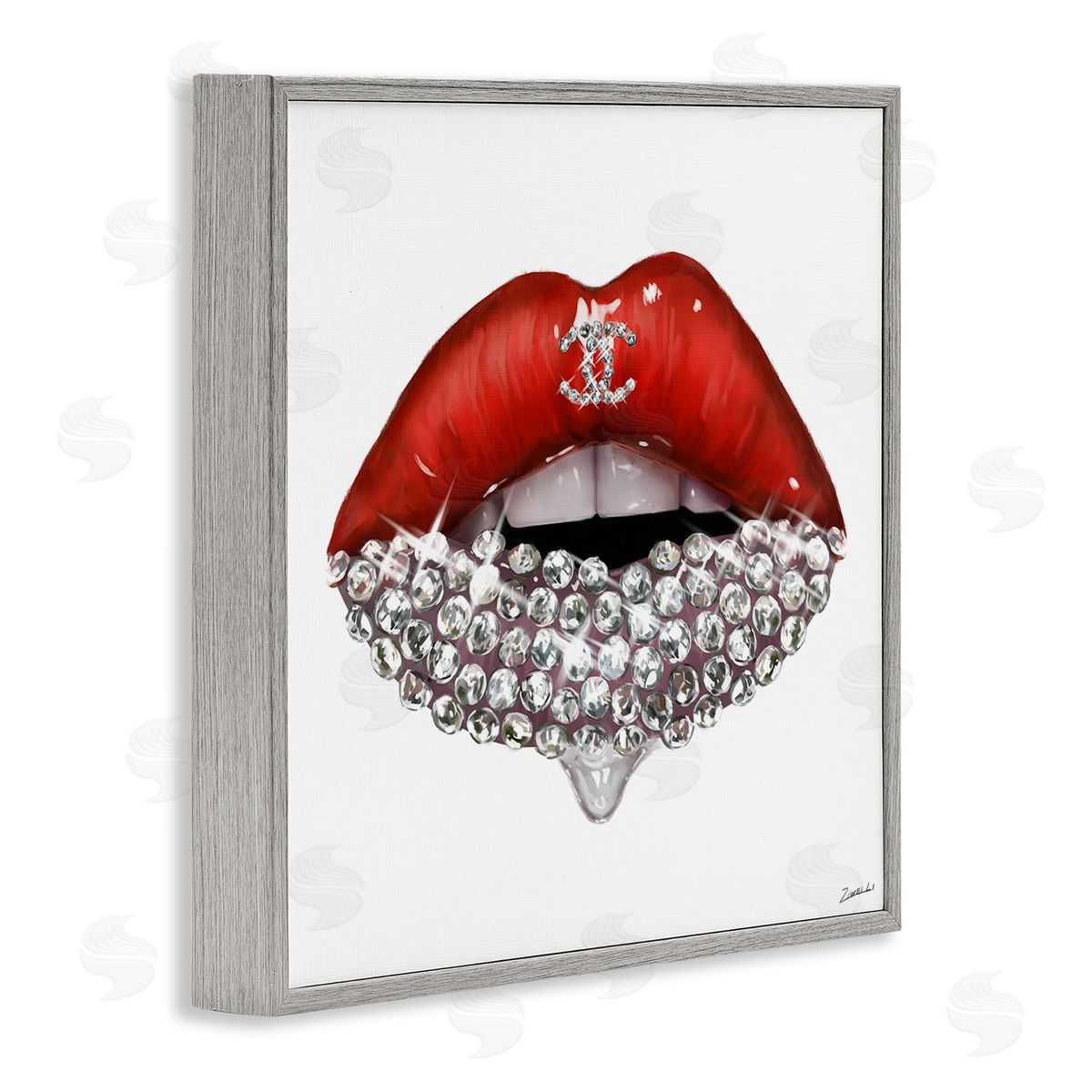 Fashion Red Lip Gemstones Grey Frame Print Wall Art, Home Decor by Ziwei Li