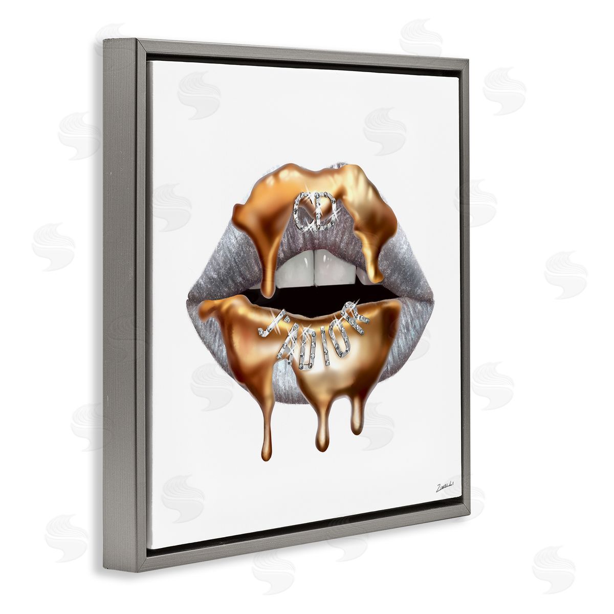 Grey Lip Gold Drip Fashion Grey Floating Frame Canvas Wall Art, Home Decor by Ziwei Li