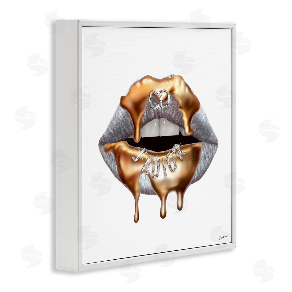 Grey Lip Gold Drip Fashion White Frame Print Wall Art, Home Decor by Ziwei Li