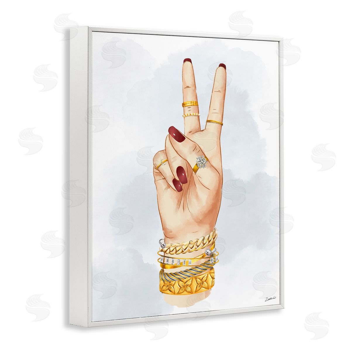 Fashion Peace Hand Sign White Frame Print Wall Art, Home Decor by Ziwei Li