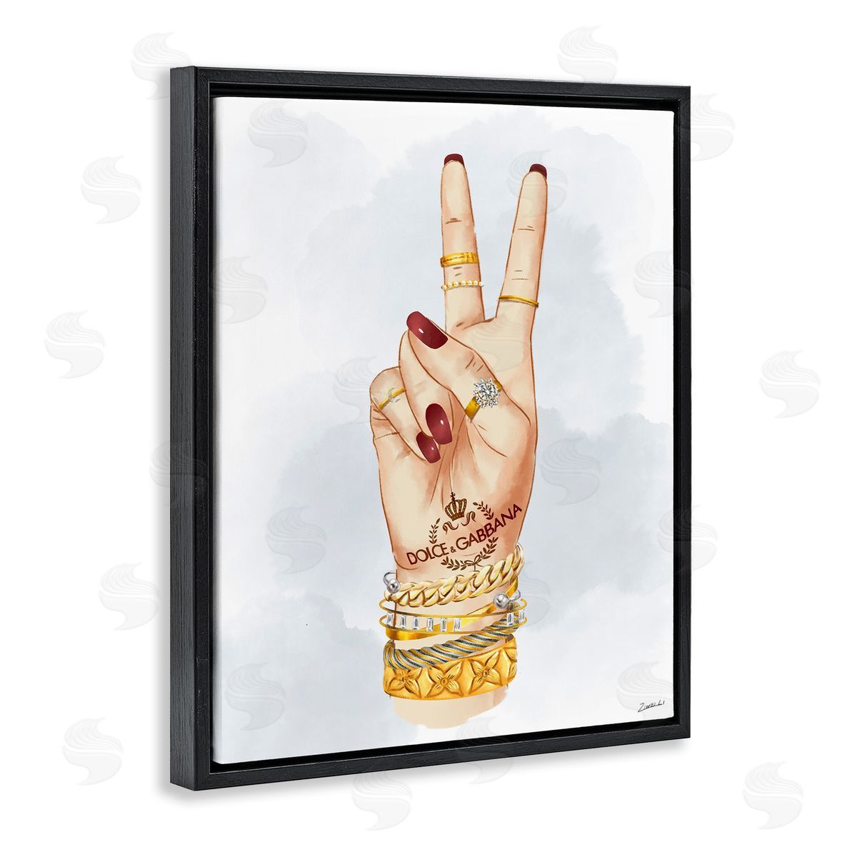 Glam Peace Hand Sign Black Floating Frame Canvas Wall Art, Home Decor by Ziwei Li