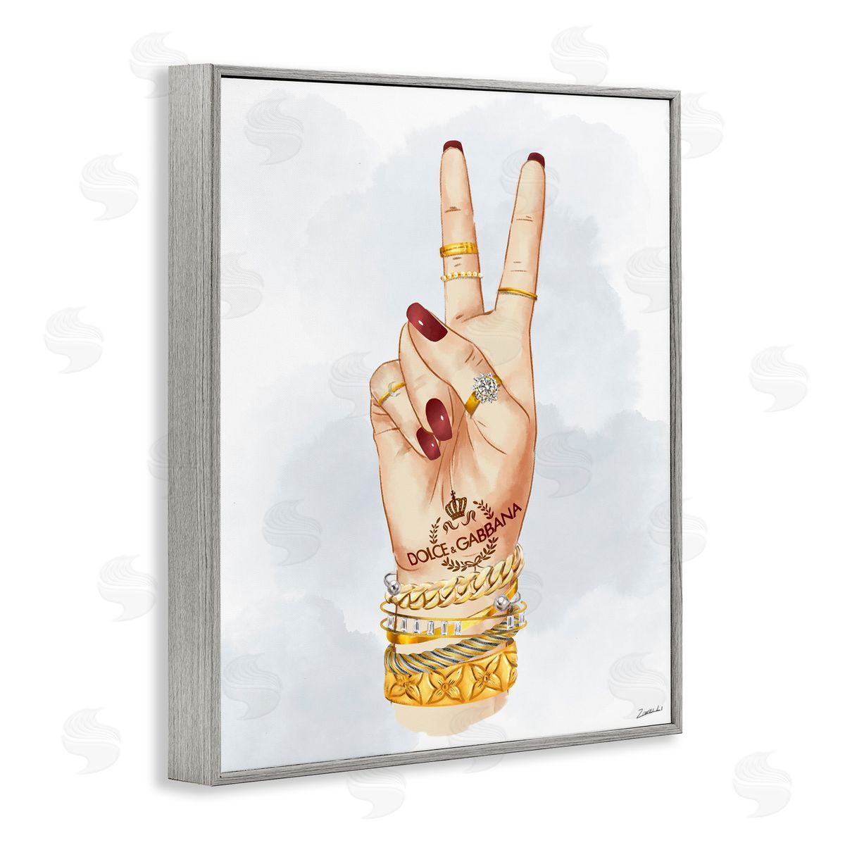 Glam Peace Hand Sign Grey Frame Print Wall Art, Home Decor by Ziwei Li