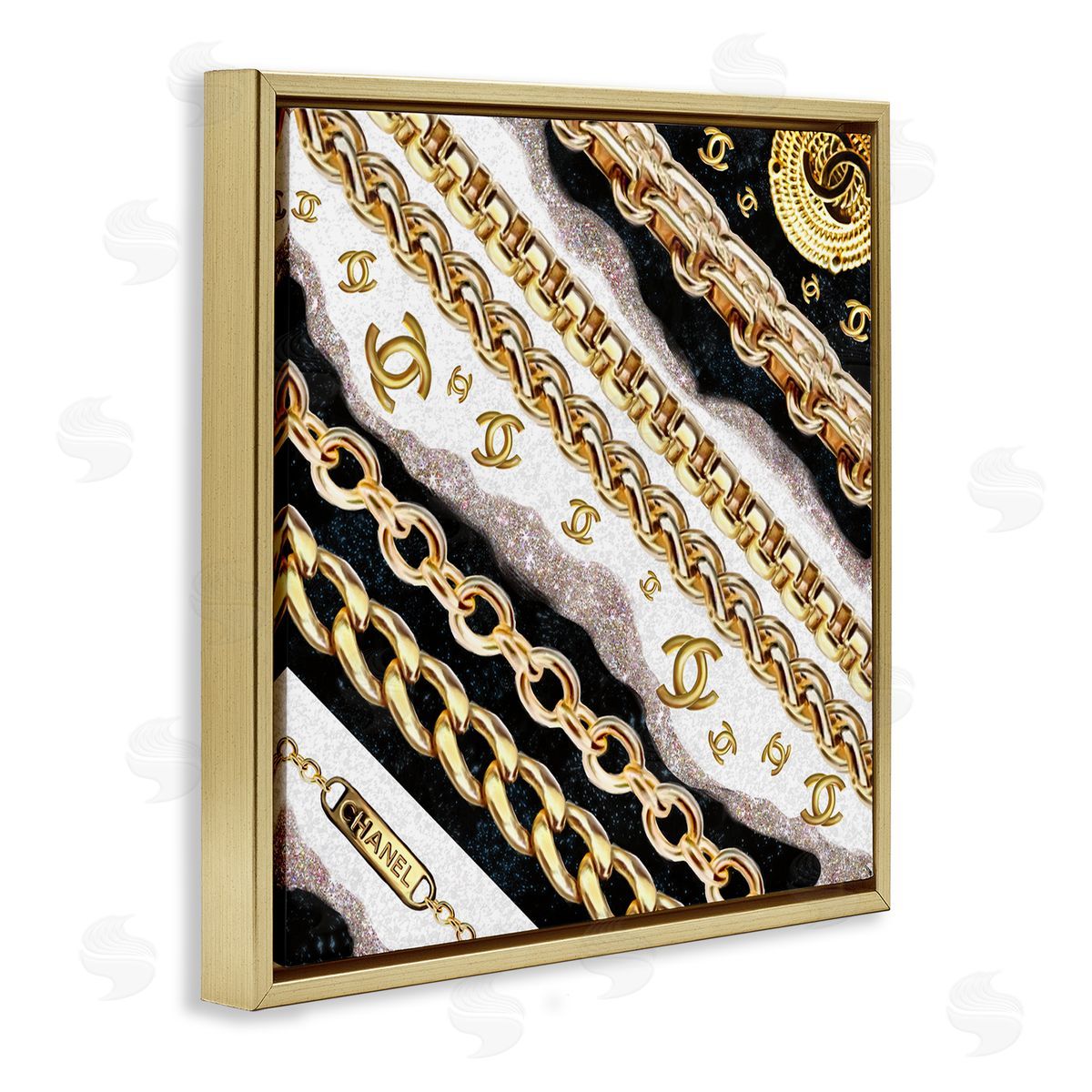 Fashion Chains and Glam Pattern Gold Floating Frame Canvas Wall Art, Home Decor by Ziwei Li