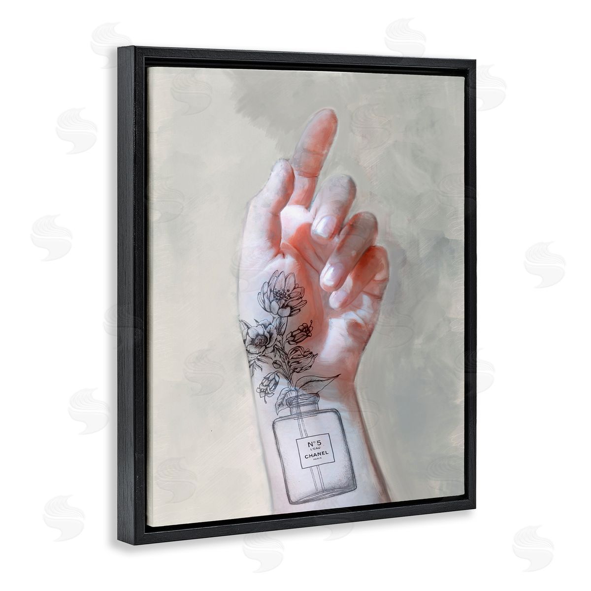 Hand Pose with Fashion Florals Black Floating Frame Canvas Wall Art, Home Decor by Ziwei Li