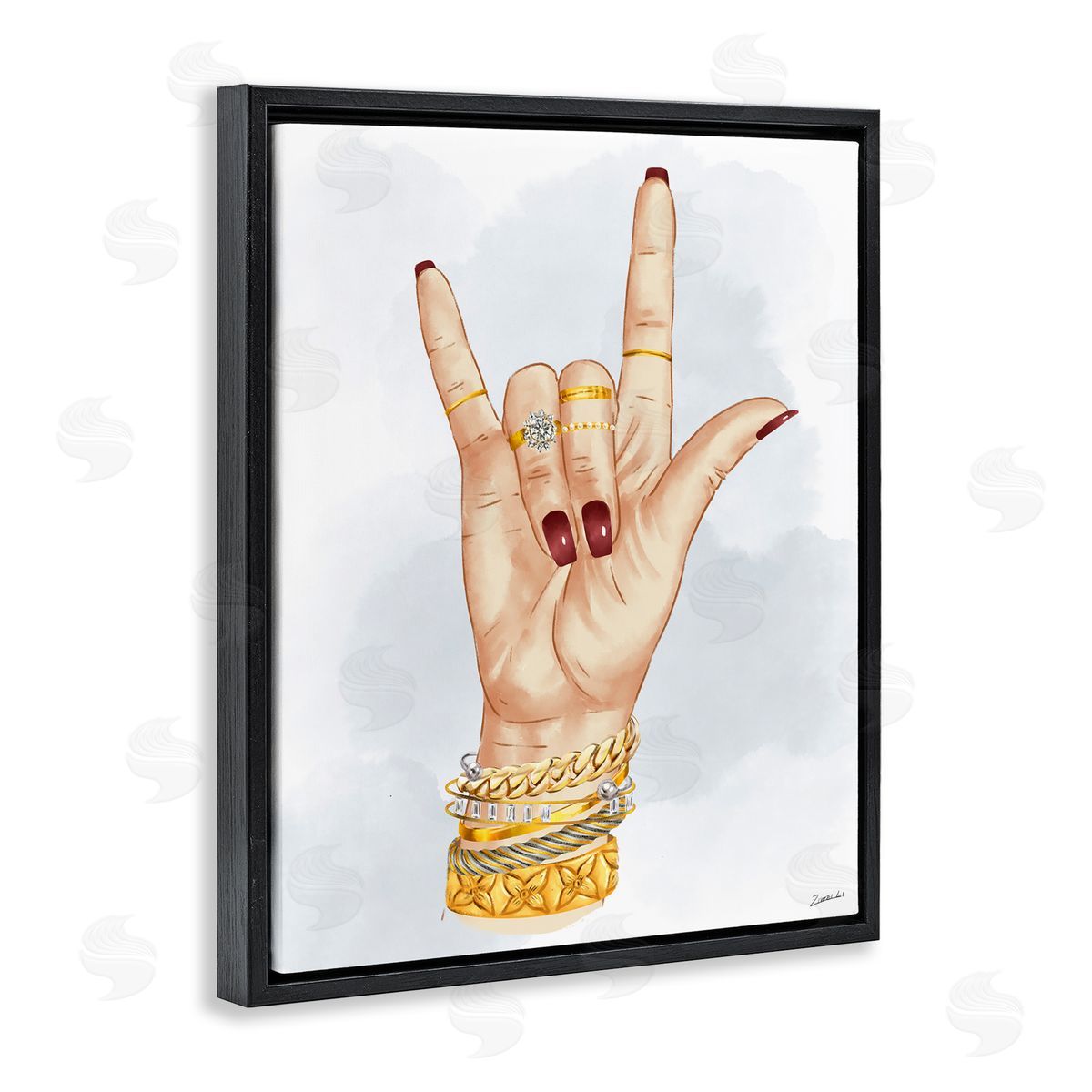 I Love You Hand Sign Black Floating Frame Canvas Wall Art, Home Decor by Ziwei Li