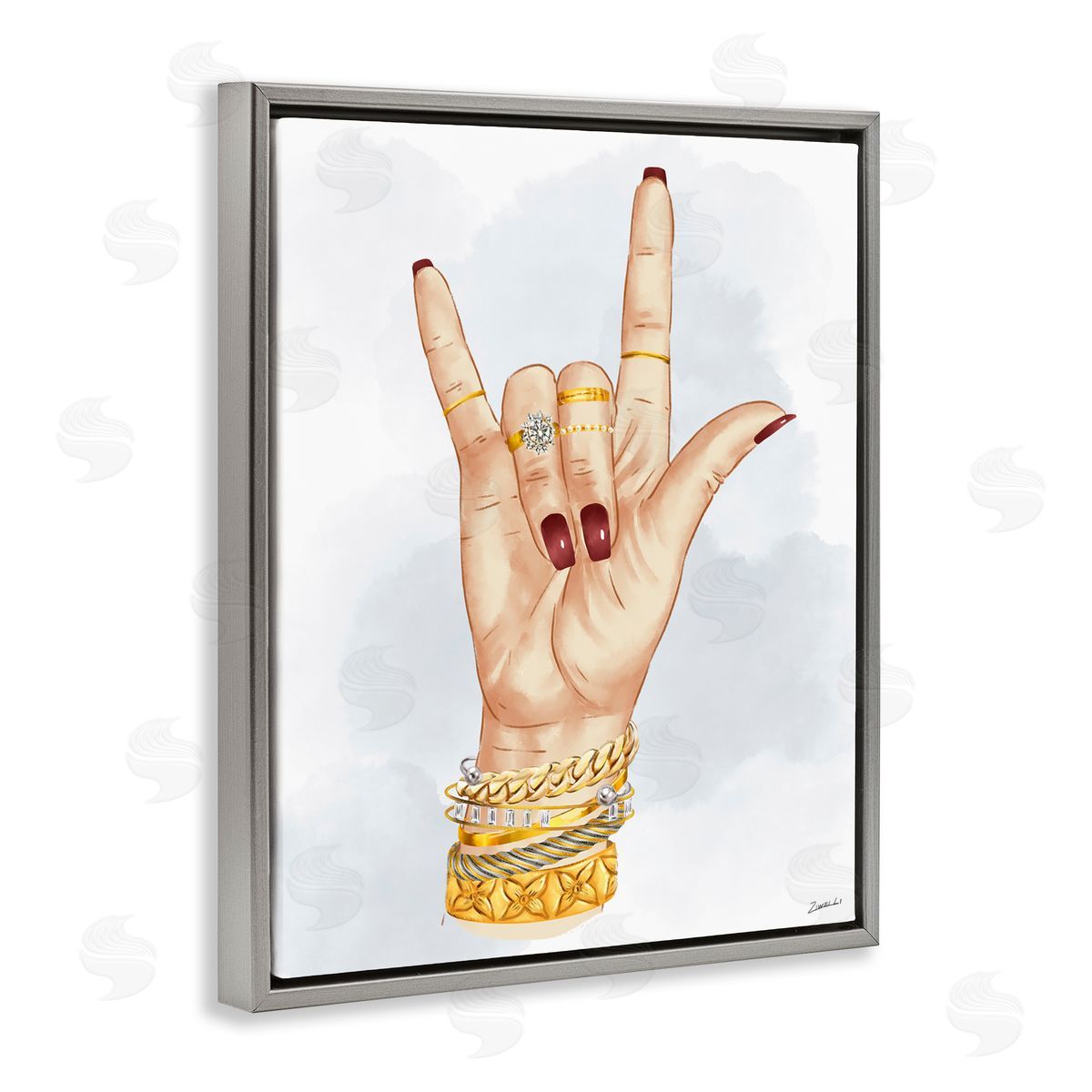 I Love You Hand Sign Grey Floating Frame Canvas Wall Art, Home Decor by Ziwei Li