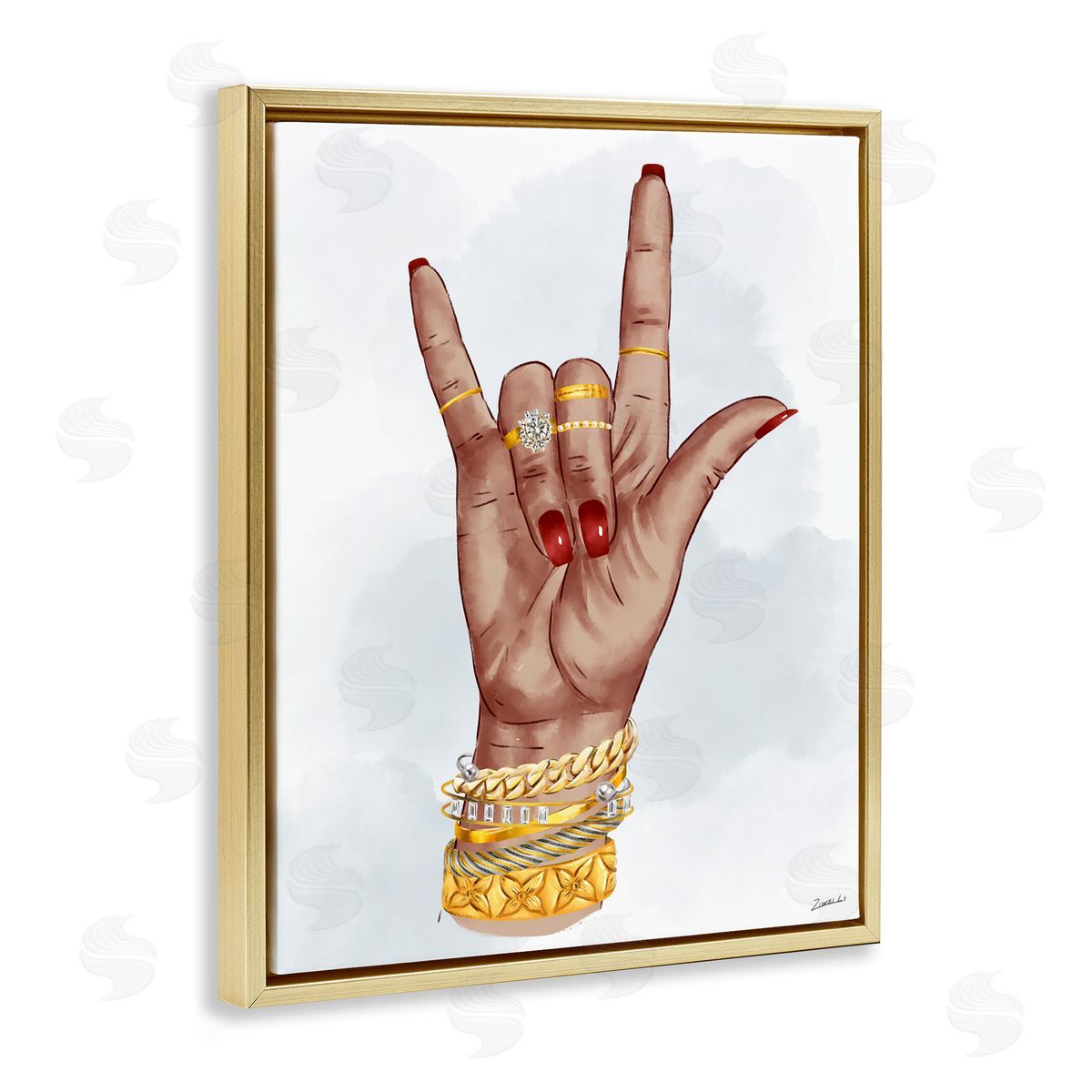 I Love You Hand Pose Gold Floating Frame Canvas Wall Art, Home Decor by Ziwei Li