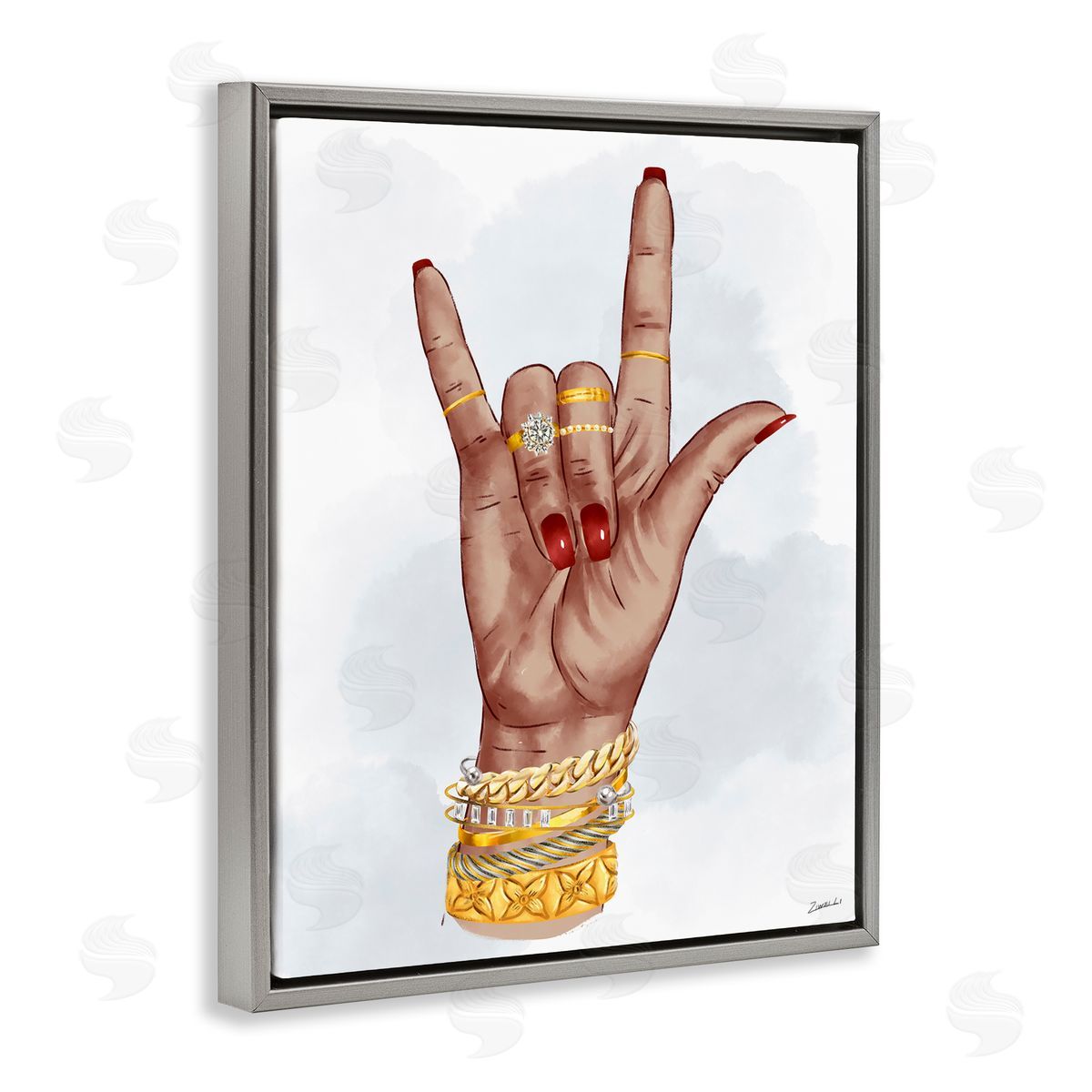 I Love You Hand Pose Grey Floating Frame Canvas Wall Art, Home Decor by Ziwei Li